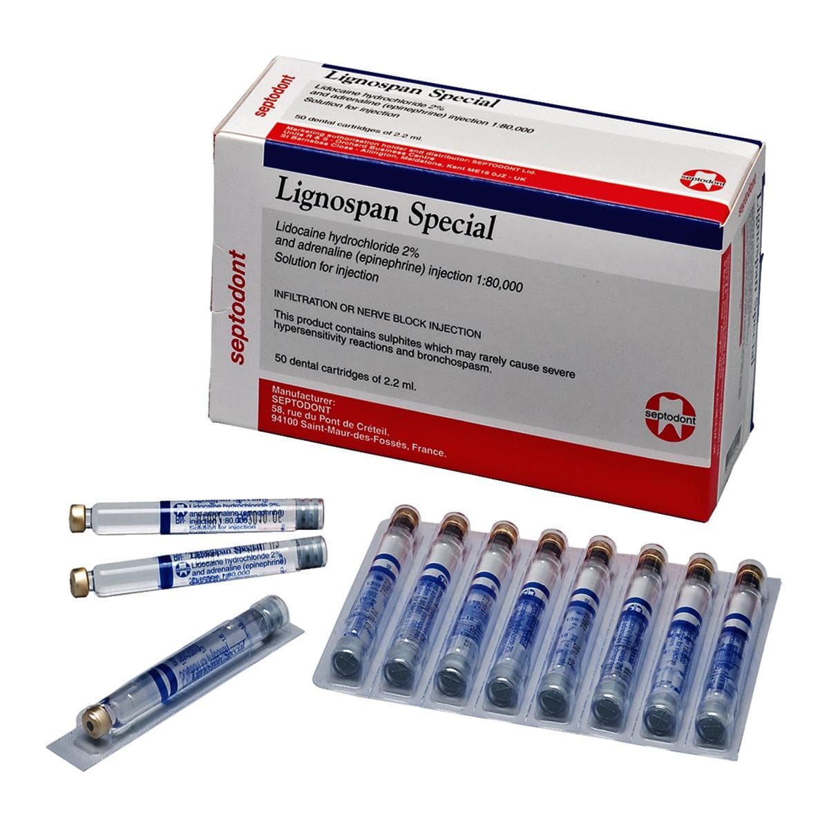 Local Anaesthetic — Reference photo: Septodont Lignospan Special cartridges. Brand, strength and pack size must be confirmed in the quote.