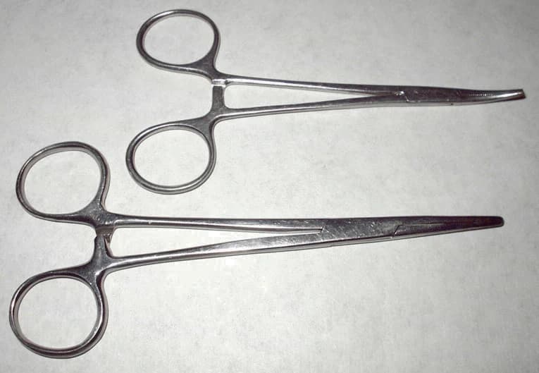 Reference photograph of straight and curved artery forceps